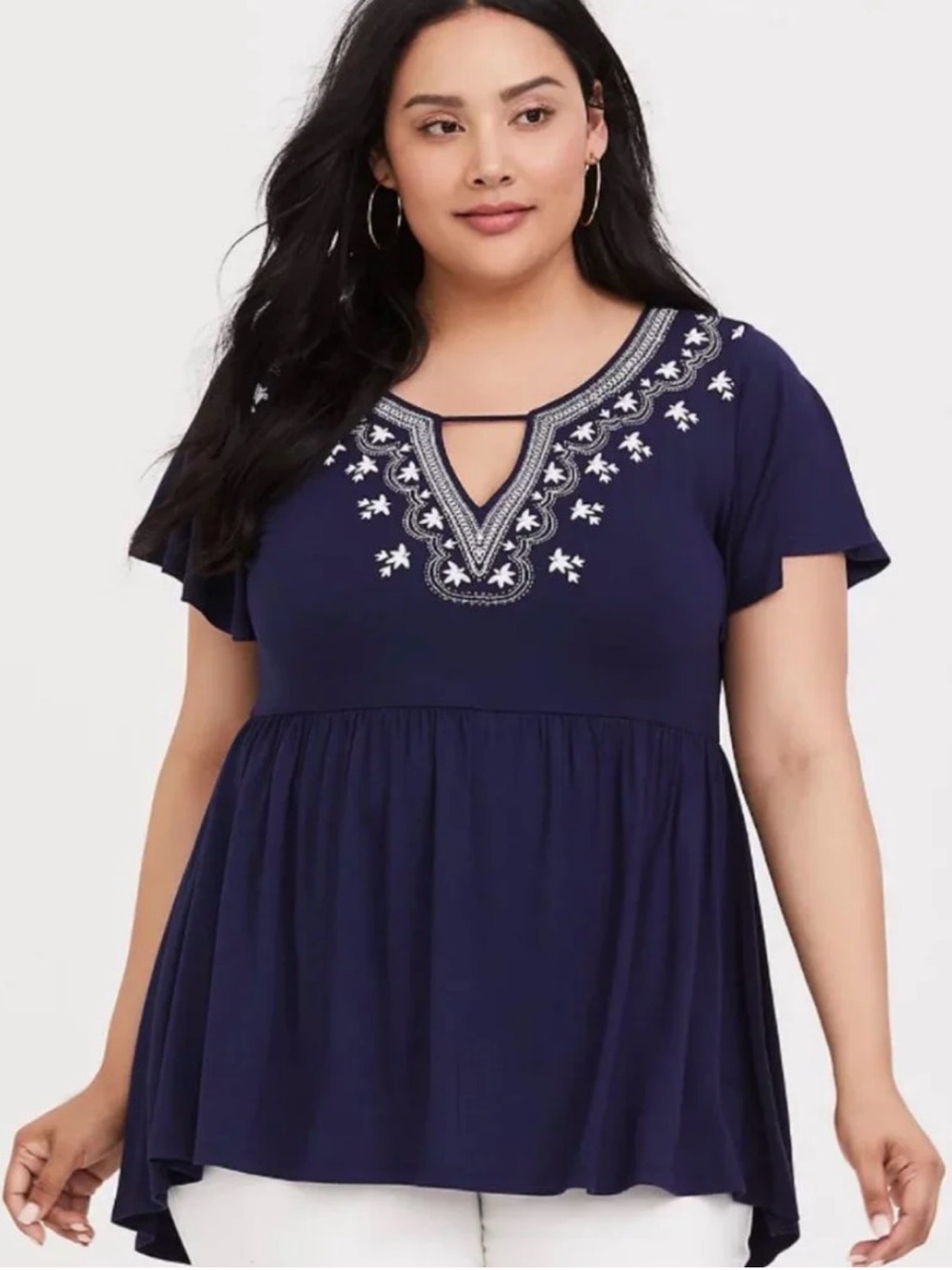Torrid Super Soft Babydoll Tunic Top Navy White Embroidered Cutout Size 0 L